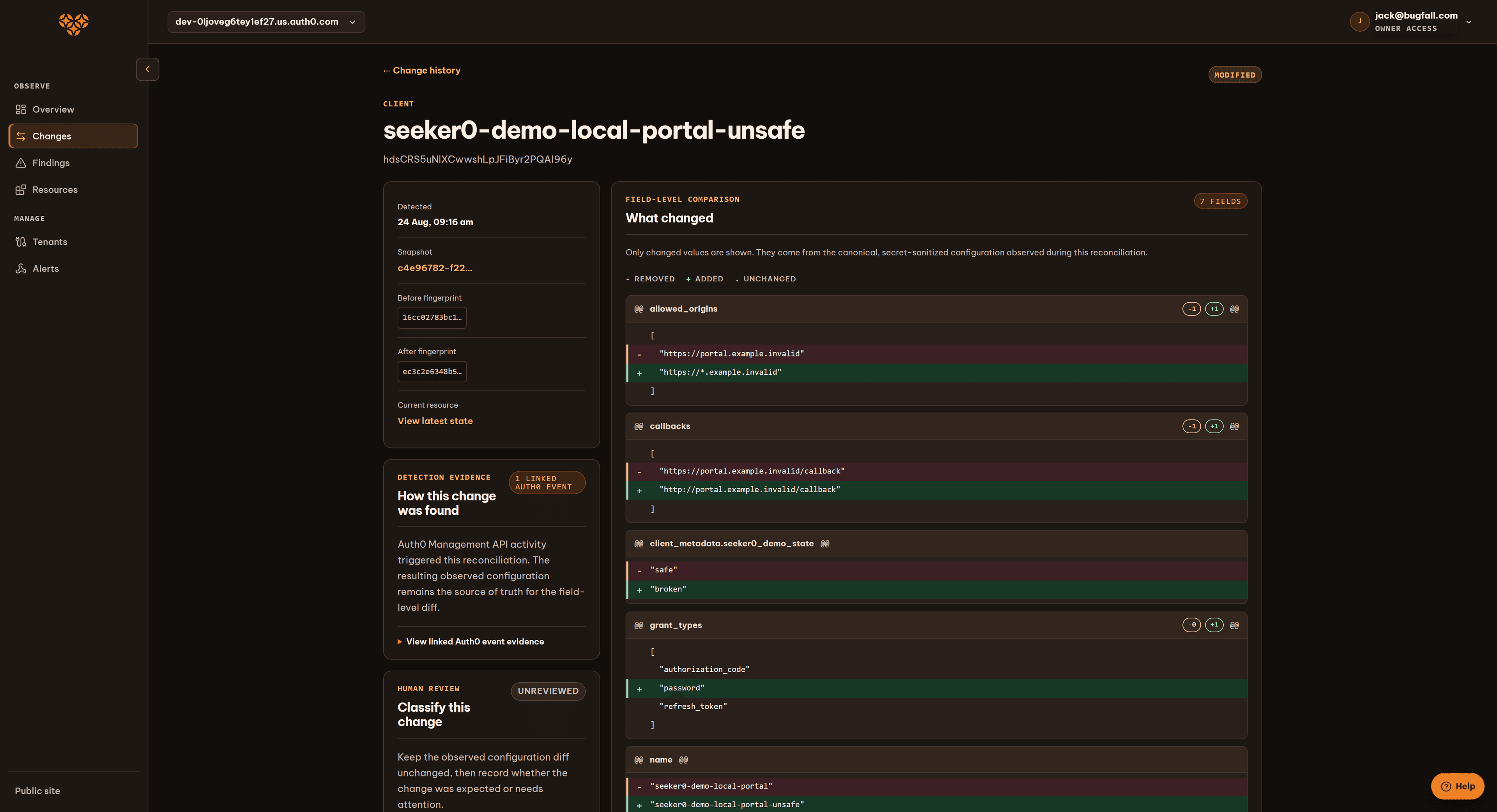Aurykle showing a field-level identity configuration change